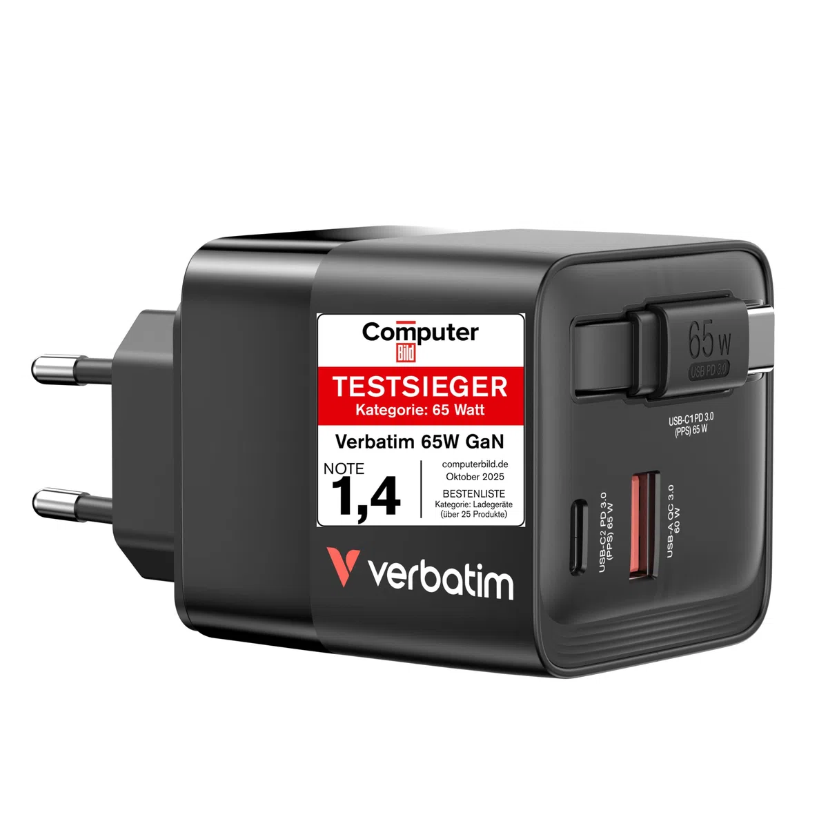 Verbatim GaN Charger 65 W 2-Port USB-C Ladegerät mit ausziehbarem USB-C Kabel, USB-C und USB-A Power Adapter, Schnellladegerät für Apple iPad, iPhone, Samsung & Co, Travel Adapter für EU, UK, USA