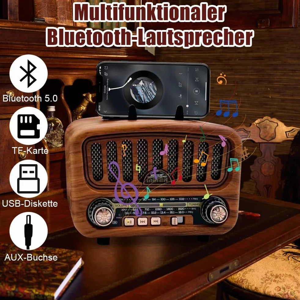AM/FM/SW Retro Radio mit Bluetooth 5.0, Nostalgie Radios Klein mit 1800mAh Akku, Küchenradio & Kofferradio mit 5-W-Lautsprecher, Unterstützt USB/TF/AUX, Vintage Radio für Zuhause, Büro, Outdoor