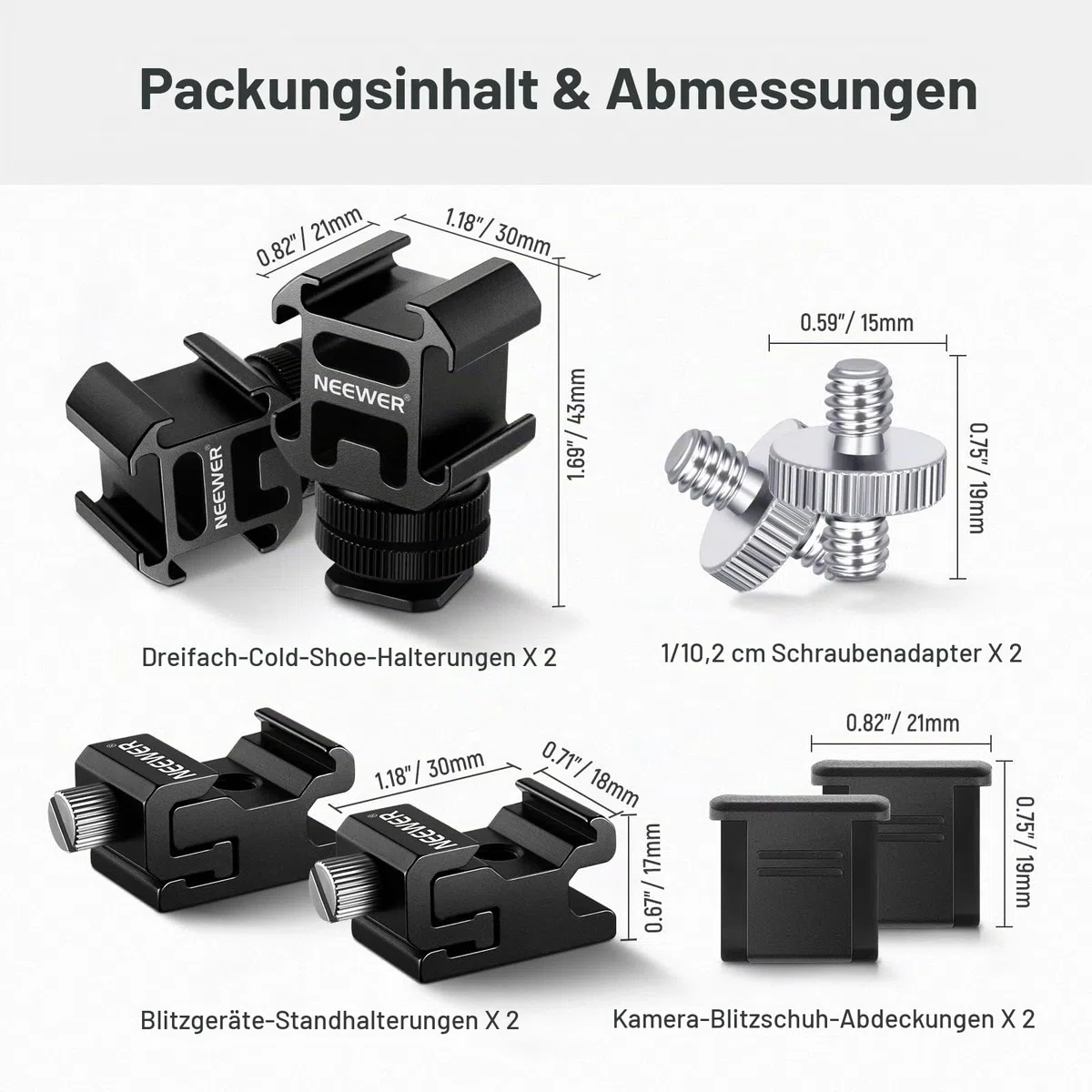 NEEWER 8 PCs Hot Shoe Mount Adapter Kit, inklusive Triple Cold Shoe Mount, 1/4" Schraube, Blitzstativhalterung und Hot Shoe Cover für DSLR Kameras, LED Leuchten, Mikrofon, Lichtständer, Monitor