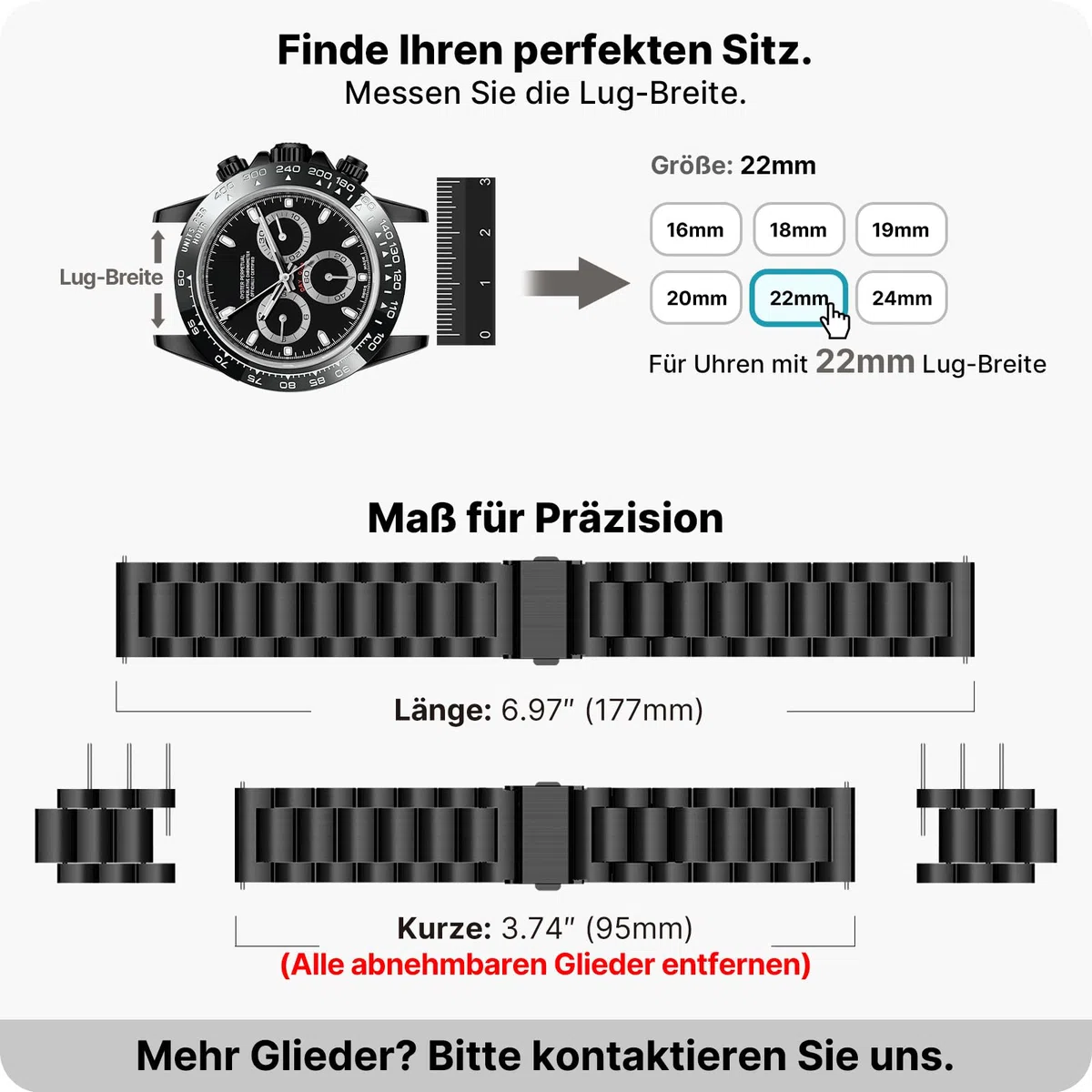 Fullmosa Edelstahl Uhrenarmband 22mm 16mm 18mm 19mm 20mm 24mm für Uhr und Smartwatches| Wechsel Ersatz Metallarmband mit Schnellverschluss für Damen&Herren, 22mm Schwarz