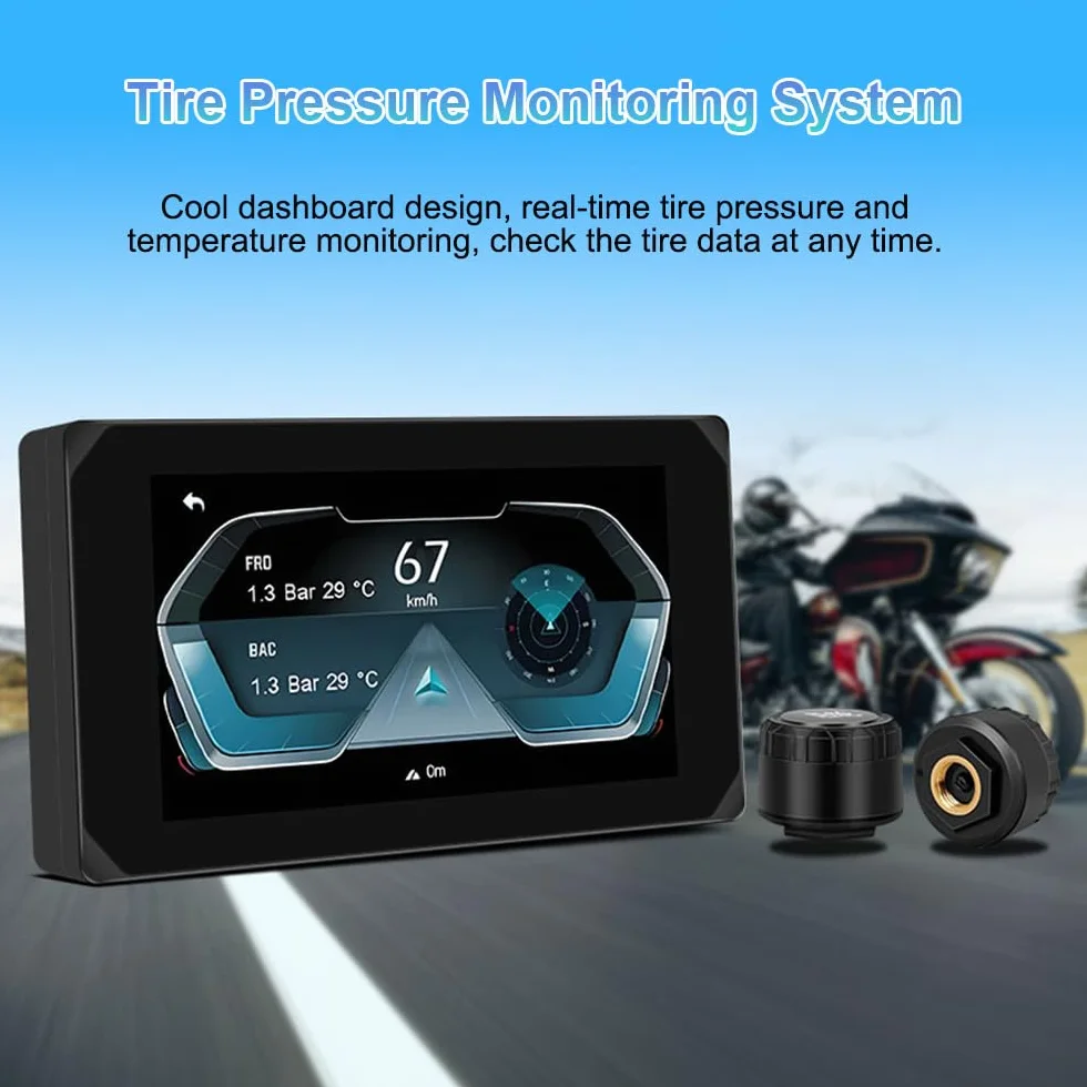VSYSTO Motorrad Carplay Bildschirm, Wireless Carplay und Android Auto, GPS Navigation, Reifendrucksensoren, Touchscreen WiFi HD 1080P Vorder- und Hinterkamera Motorrad Dash Kamera (CS5)