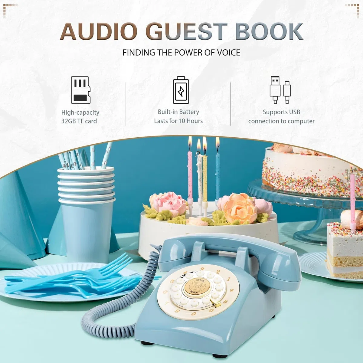 Audio Gästebuch Hochzeit Telefon (Blau + Schild)