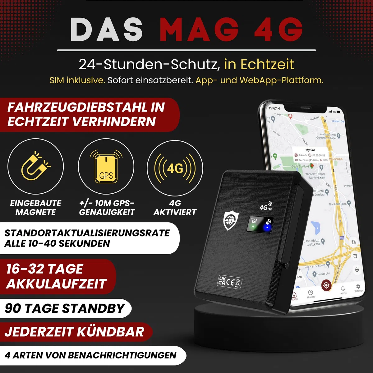 SafeTag Mag 4G – Wiederaufladbarer Magnetischer 4G LTE GPS-Tracker, Auto, Van, Motorrad, Wohnwagen usw. 34–195 Länder, 90 Tage Standby, Echtzeit-Tracking und Benachrichtigungen, 7 Tage kostenlose