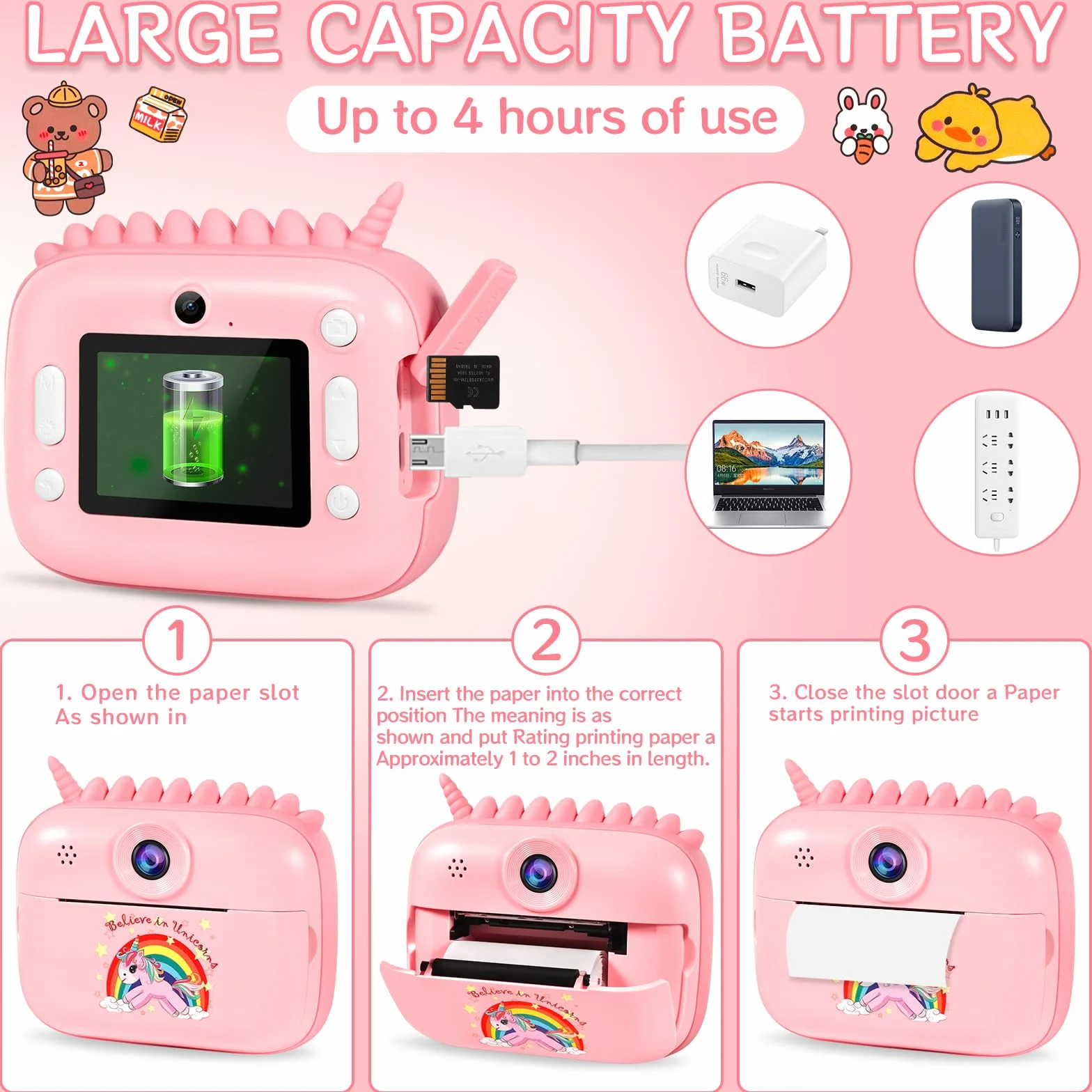 Kinderkamera, 48MP 2.4 Zoll Bildschirm, Sofortbildkamera mit 32G Karte, Druckpapier & Farbigen Stiften, 1080P HD Video, Geschenk für Kinder 3-12 Jahren