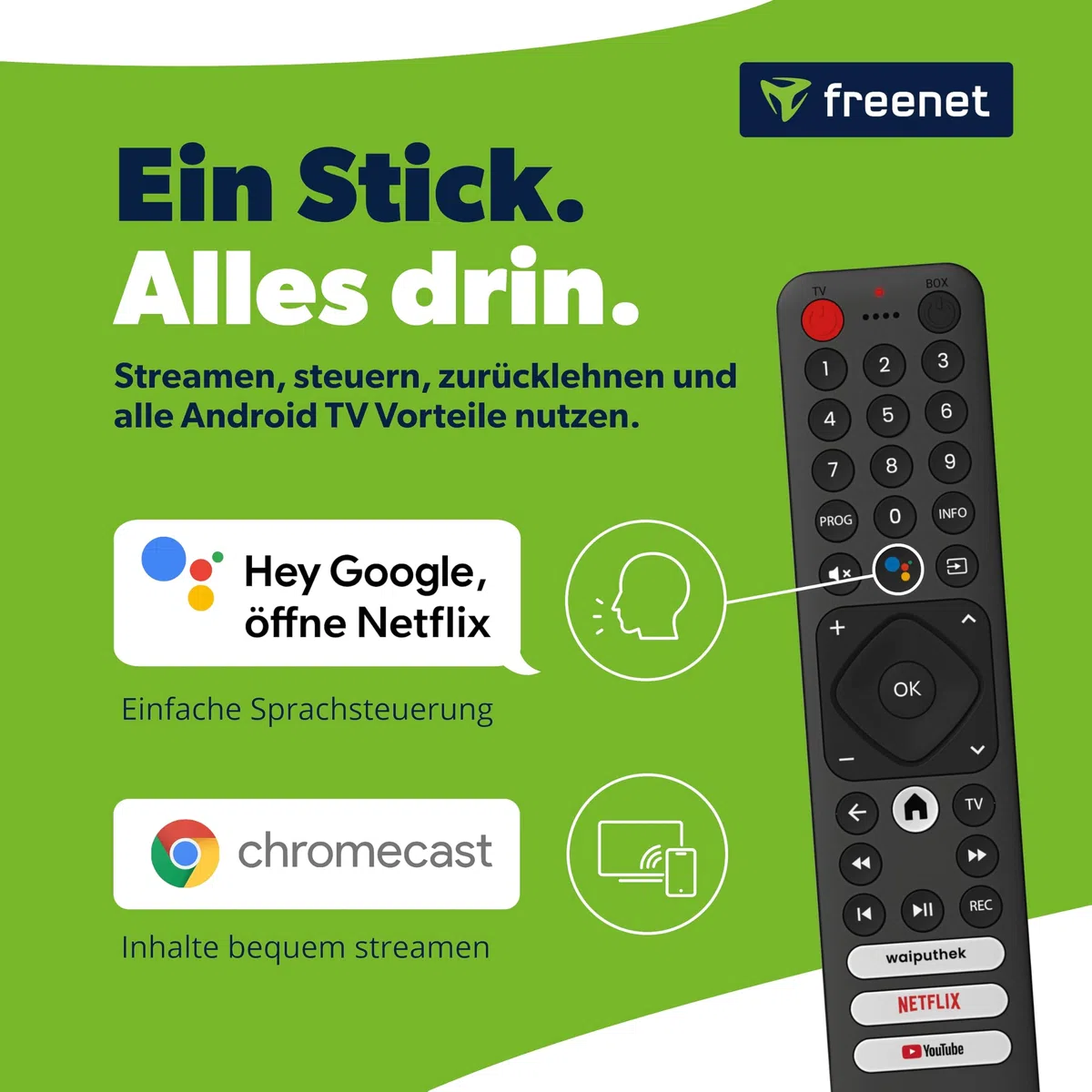 freenet TV Hybrid TV Stick, DVB-C/T2 & Streaming, 3 Monate freenet TV, Android TV 3, WLAN HDMI Streaming Stick mit Chromecast, 4K UHD