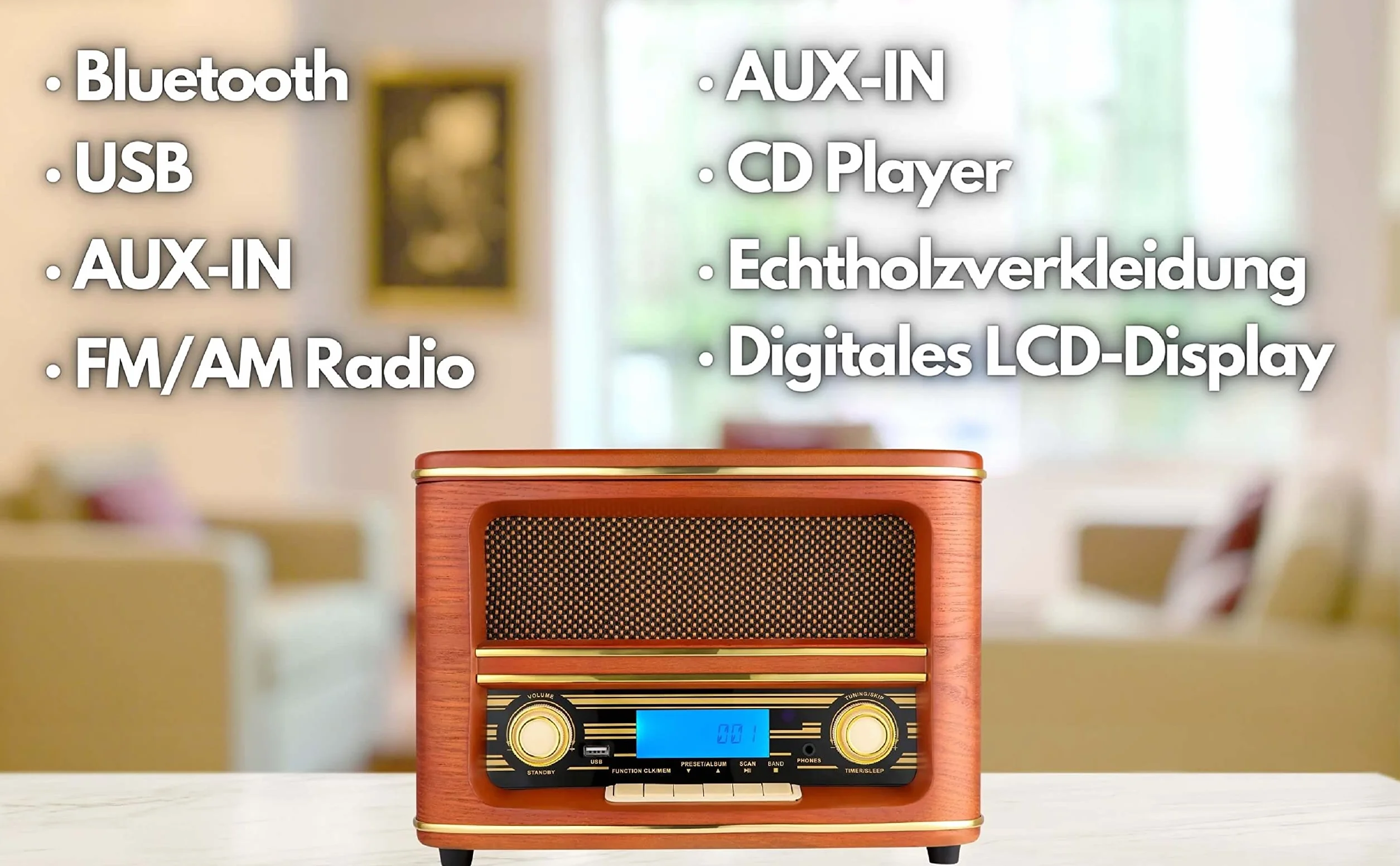 Nostalgie Kompaktanlage | Bluetooth | LCD Display | Retro Radio Holz mit CD Player | USB | Musikanlage Retro Style | Stereoanlage | Fernbedienung | Küchenradio | Vintage Optik |