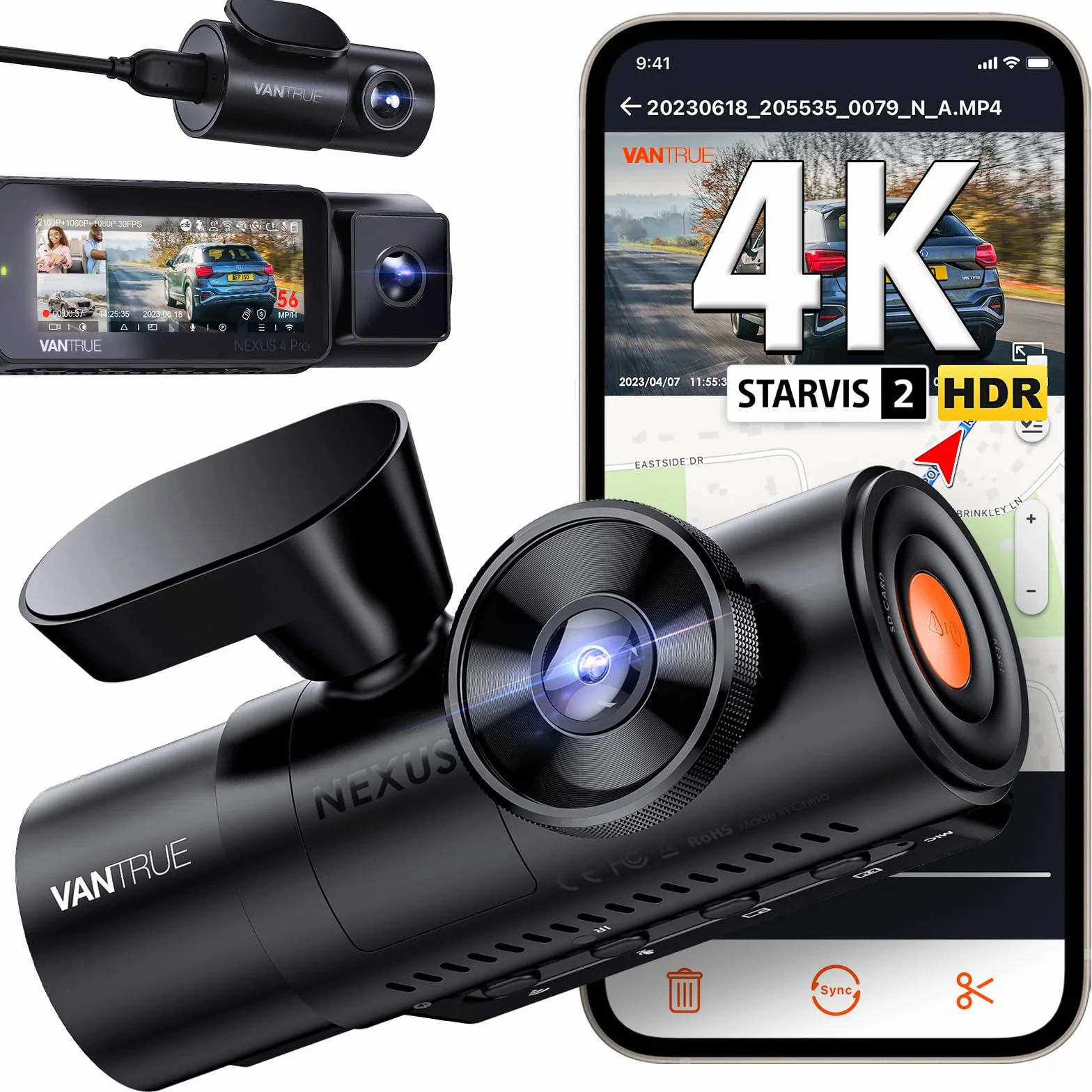 VANTRUE N4 Pro 3 HDR 4K+ 1080P+ 1080P STARVIS 2 Dashcam Auto 5G WiFi GPS 360° Parküberwachung IR Nachtsicht Sprachbefehl 2.45"