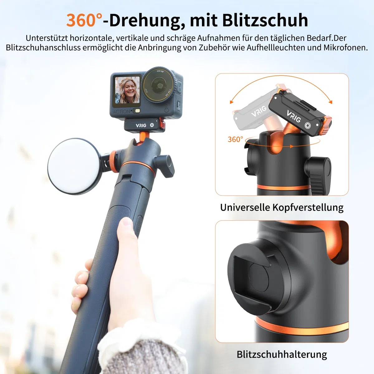 VRIG 140 cm Action Kamera Selfie Stick Stativ für DJI Osmo Nano/Action 6, Zweiwege-Magnetanziehung Schnellwechselhalterung, Ausziehbare Stange, Länge 33 bis 140 Zentimeter, AC-71
