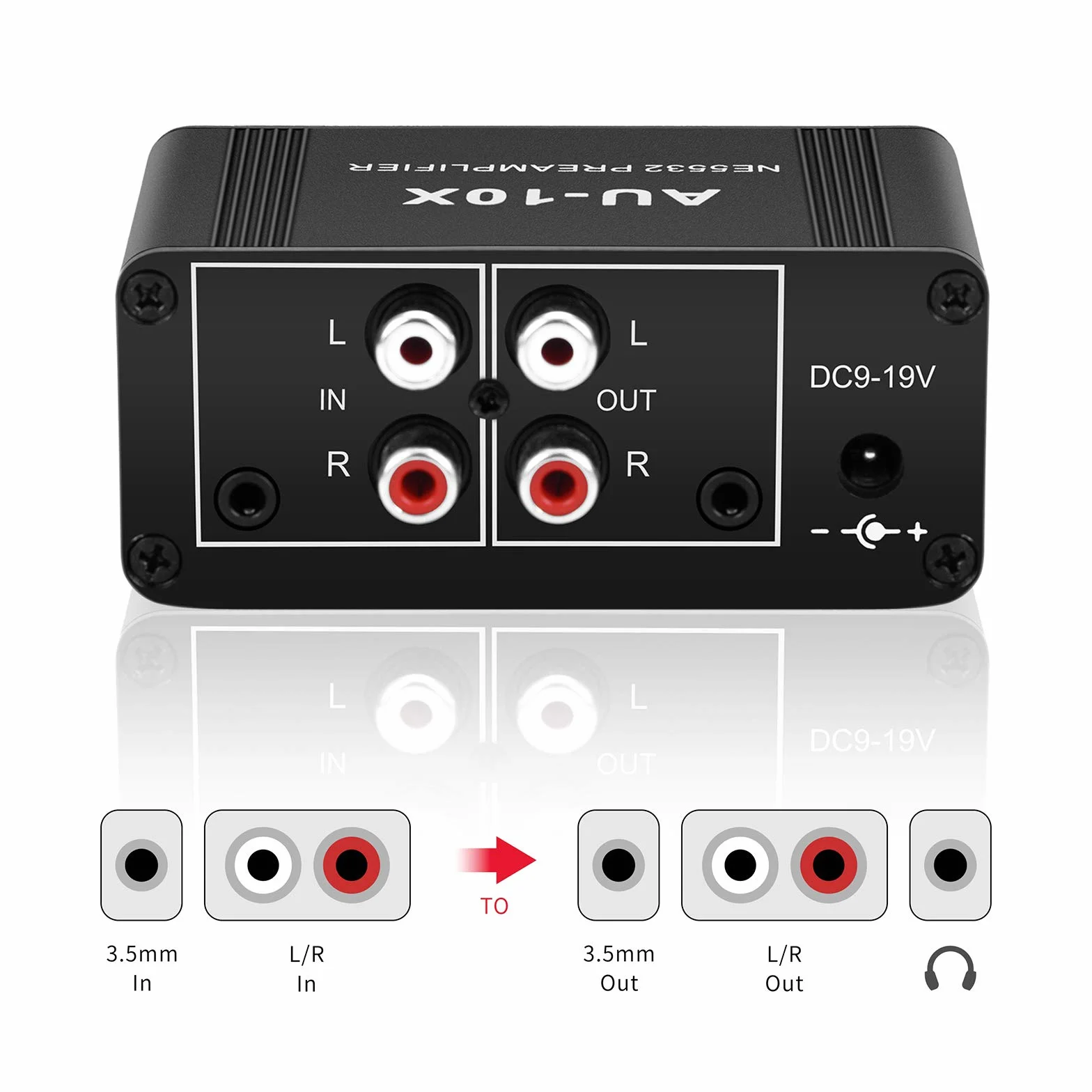 Mini-Stereo-Audio-Vorverstärker, Kopfhörerverstärker, Verstärkung 20 dB Phono-Plattenspieler-Phonographen-Vorverstärker, Dual-OP-Verstärker NE5532 mit Cinch-3,5-mm-Eingang auf Cinch-Ausgang