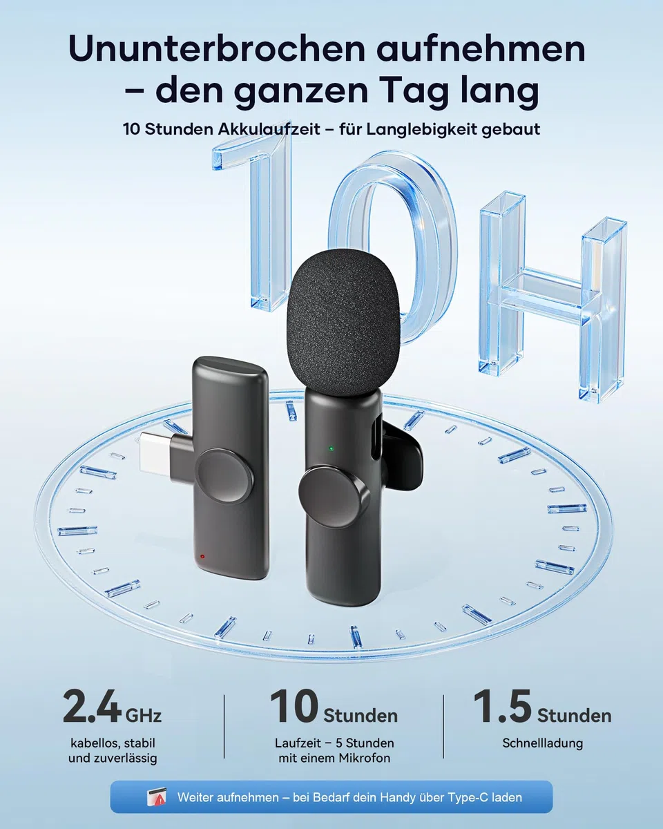 CZOCPOS Kabelloses Lavalier Mikrofon 2er Set, Mini Mikrofon für iPhone, iPad & Android Handy, Mikrofon Handy mit Geräuschunterdrückung, Plug & Play, ideal für Video, Podcast, YouTube, TikTok,Schwarz