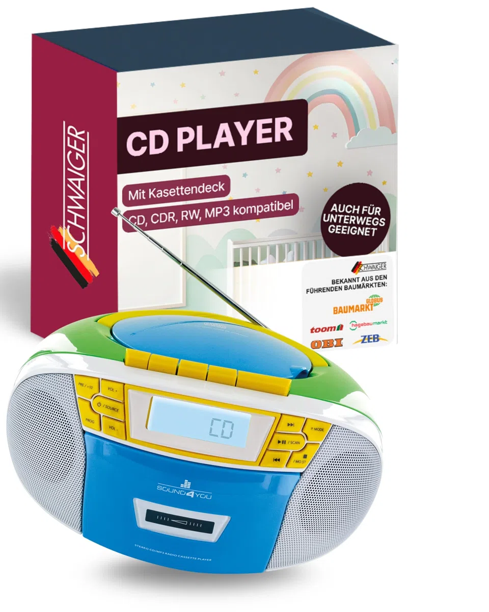 SCHWAIGER CD-Player I mit Kassettendeck & FM-Radio I tragbarer CD- & Kassettenspieler I CD-R, CD-WR, MP3, AUX, USB, FM kompatibel I im 90er-Jahre Retro Look I tragbar & kabellos