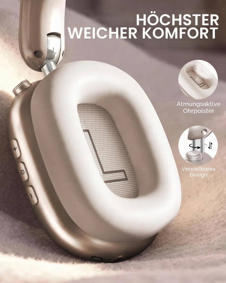Wentronic Y02 Aktive Noise Cancelling Kopfhörer,60 Std.5 EQ-Musikmodi,Hi-Res-Audio,Tiefe Bässe,faltbares kabelloses Over-Ear-Bluetooth 5.4-Headset,atmungsaktive Leder-Ohrpolster (Sternenlicht)