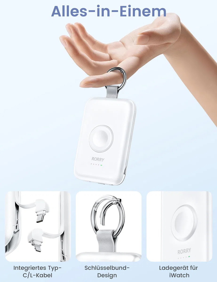 RORRY Power Bank, 10000mAh Powerbank Schnellladefunktion PD 20W mit Integriertem Kabel, Reise Portable Charger Externe Handyakkus für iPhone 17/16/15/14 and Apple Watch Ultra 11/10/9/8/7/SE, Weiß