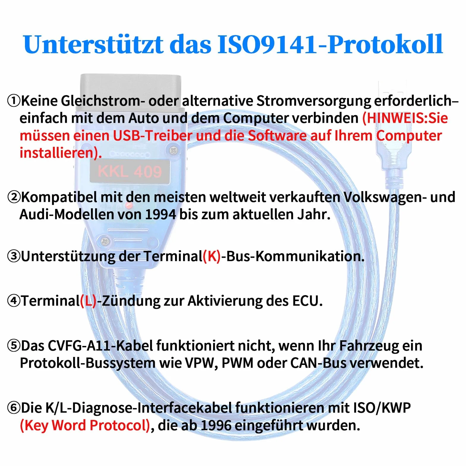 KKL 409.1 Diagnosekabel mit Original-FTDI-FT232RL-Chip,kompatibel mit V-vv, Audi, Seat,Volk-s,Skoda Fahrzeugen von 1996-2009,KKL 409 OBD2-USB-Kabel für V A G-COM-Software unter Windows XP