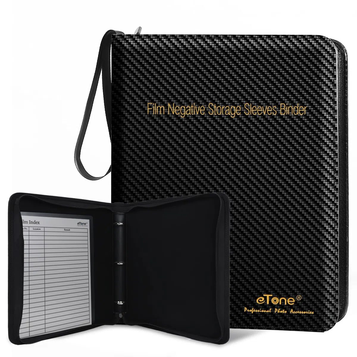 eTone Filmnegativ-Aufbewahrungsbox, PU-Leder Schwarz, 33,5 x 18 x 5 cm, 3-Ring-Album mit Samtfutter