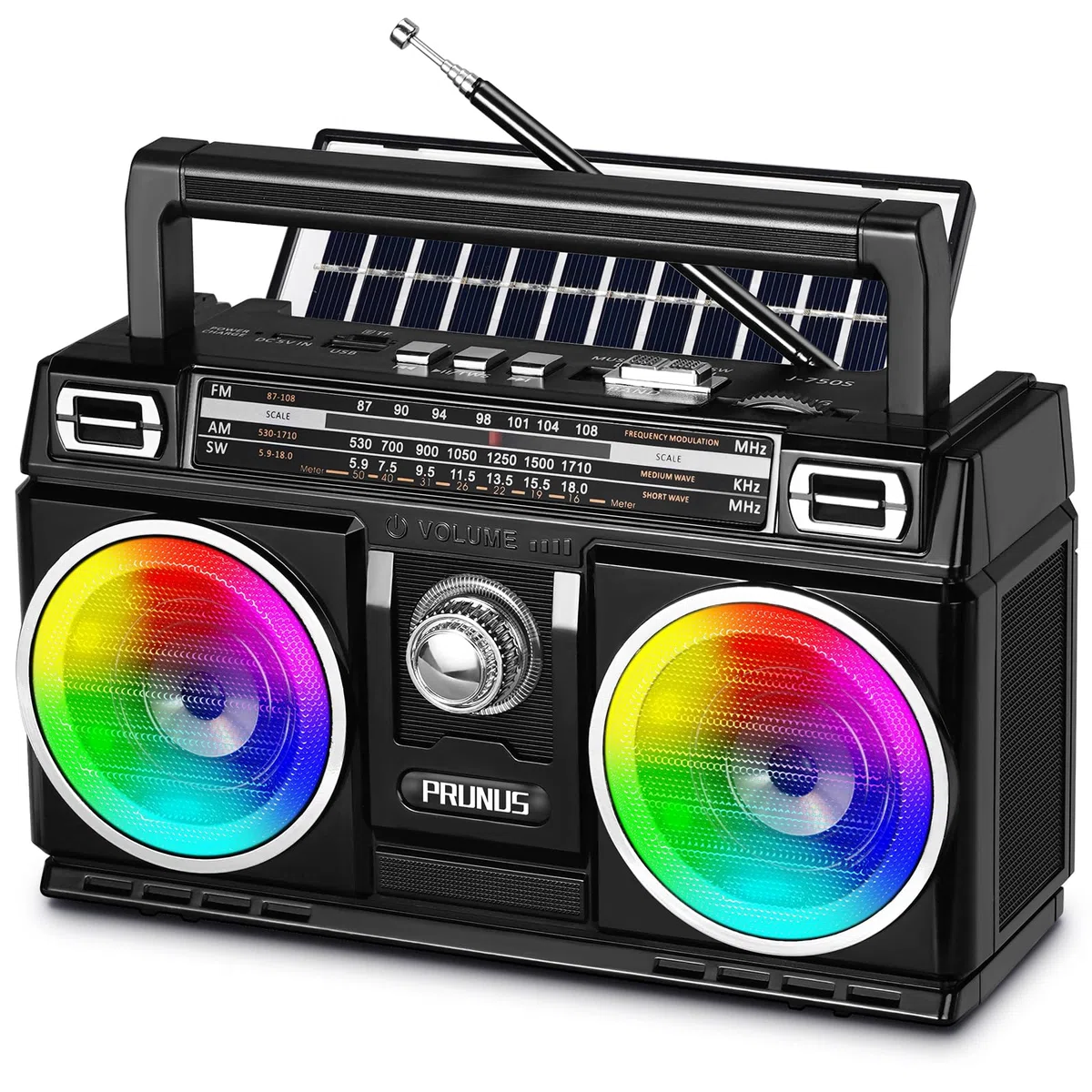 PRUNUS J-750 Retro Radio FM/AM/SW Transistorradio, Tragbares Radio mit 1800mAh Akku, Solar/USB-C Aufladbar, Buntes Licht, Nostalgie Radio mit Bluetooth Unterstützt USB/TF-Karte Spielen.