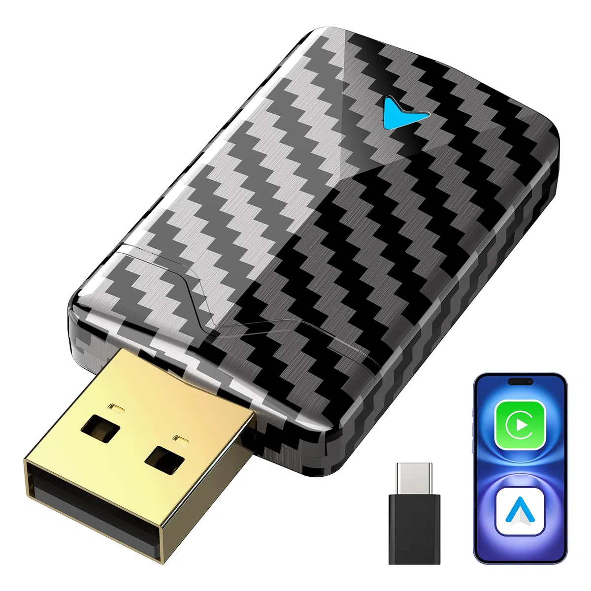 Mini CarPlay Wireless Adapter für Apple iPhone, Android Auto Wireless Adapter mit Auto GPS Navigation, Karbonfaser Design, Metall USB-A/C, Schnell & Stabil, Kompatibel mit iPhone (iOS 10+)/Android 10+
