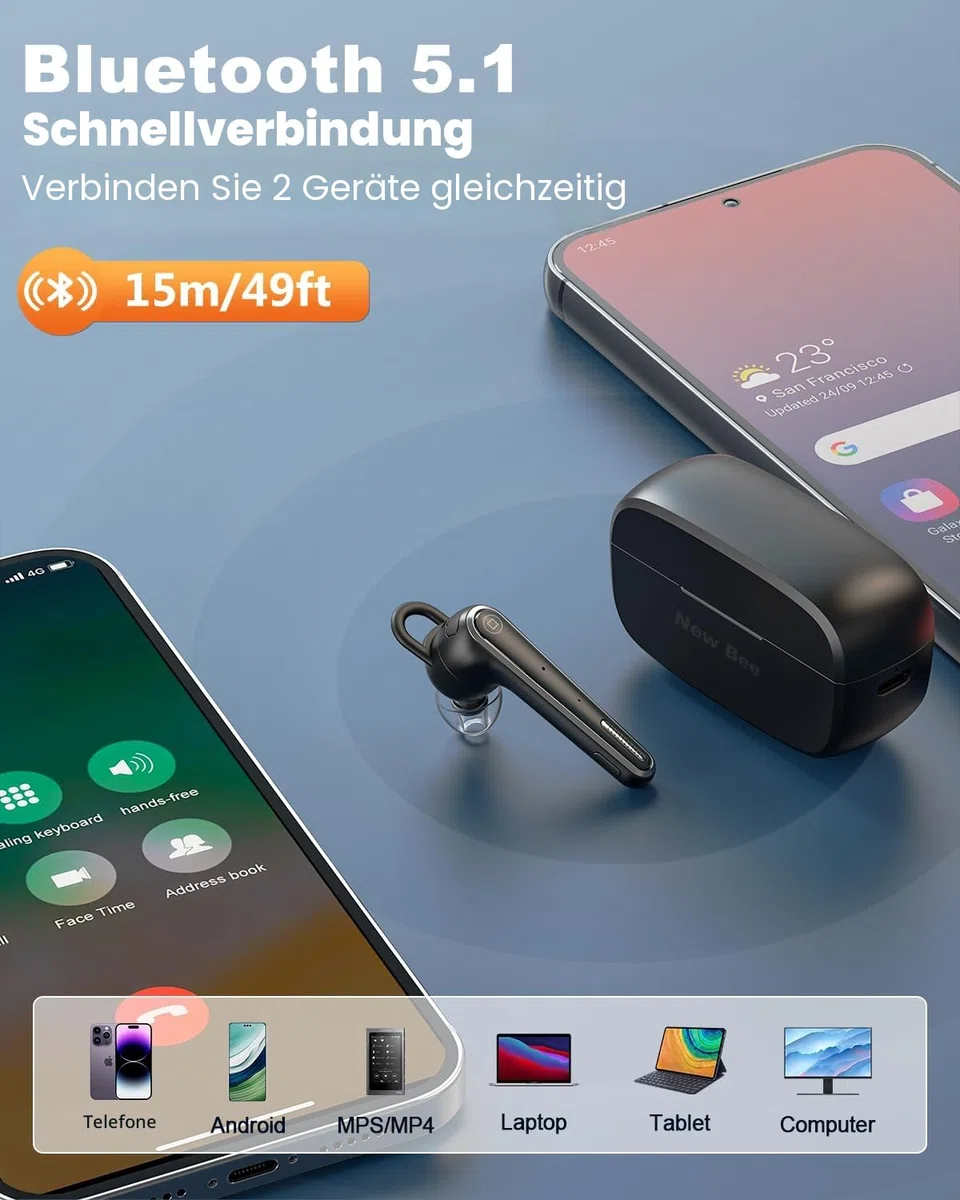 New Bee Bluetooth Headset Ultraleicht Wireless Freisprech Headset V5.1, CVC 8.0 Dual ENC Geräuschunterdrückung Mikrofon 50h Gesprächszeit Bluetooth-Ohrhörer mit Ladecase für iPhone,Android,Laptop