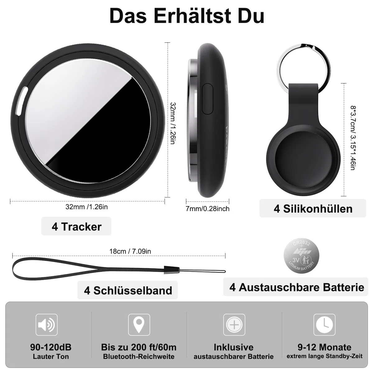Smart Air Tracker Tag kompatibel mit Apple Wo ist? (nur iOS), Inklusive Ersatzbatterie, Smart Tracker Tag Key Finder für Schlüssel, Fahrrad, Wallet, Koffer, Hunde, Katzen (Schwarz, 4-Pack)