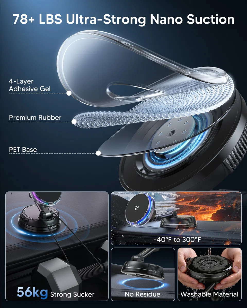 Qi2.2 25W Auto-Halterung mit Ladegerät, [Telefon-Kühlventilator & RGB-Beleuchtung] Kabelloses Auto-Ladegerät mit 78+ lbs Vakuum-Saugnapf, magnetische Halterung mit 63W-Adapter für iPhone 17–12