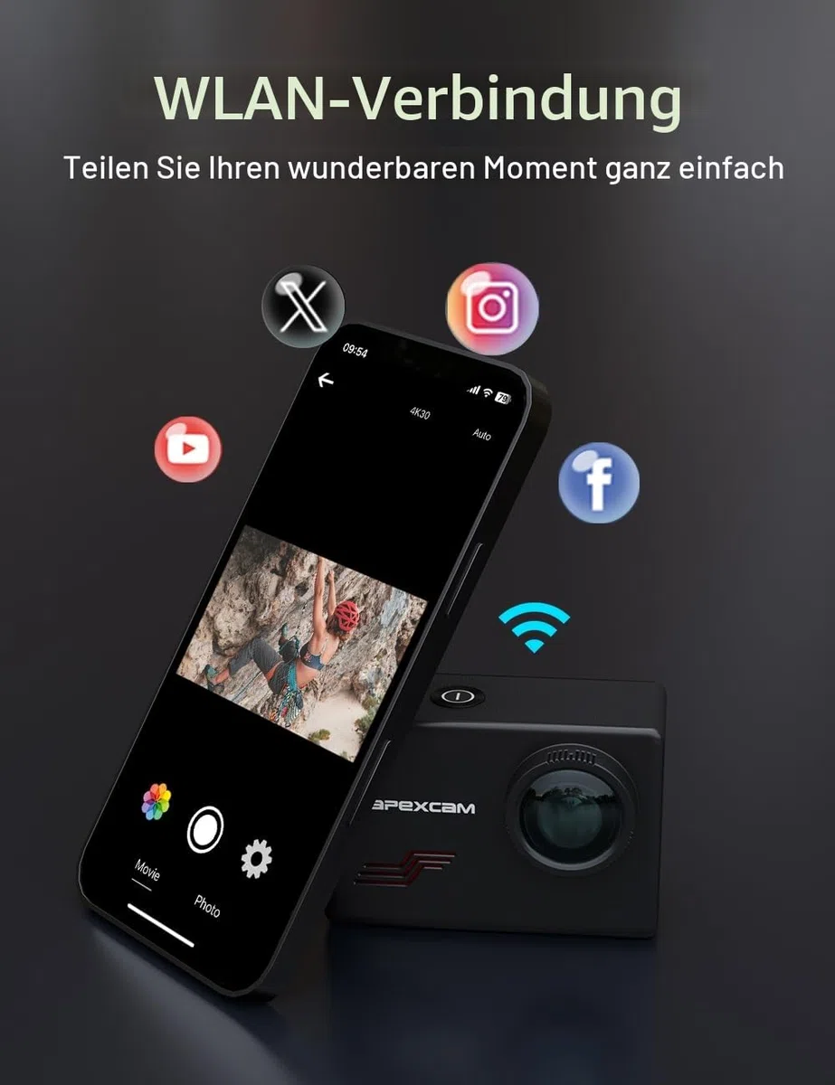 Apexcam M80 Action Cam 4K60FPS 48MP WLAN Sportskamera 40m Wasserdicht 8X Zoom 2.4G Fernbedienung 2x1350mAh Akkus