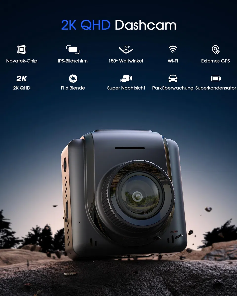 Avylet Dashcam 2K 1440P WiFi Mini Autokamera mit externem GPS 1.5" IPS-Bildschirm APP Super Nachtsicht WDR 24/7 Parküberwachung Loop-Aufnahme G-Sensor