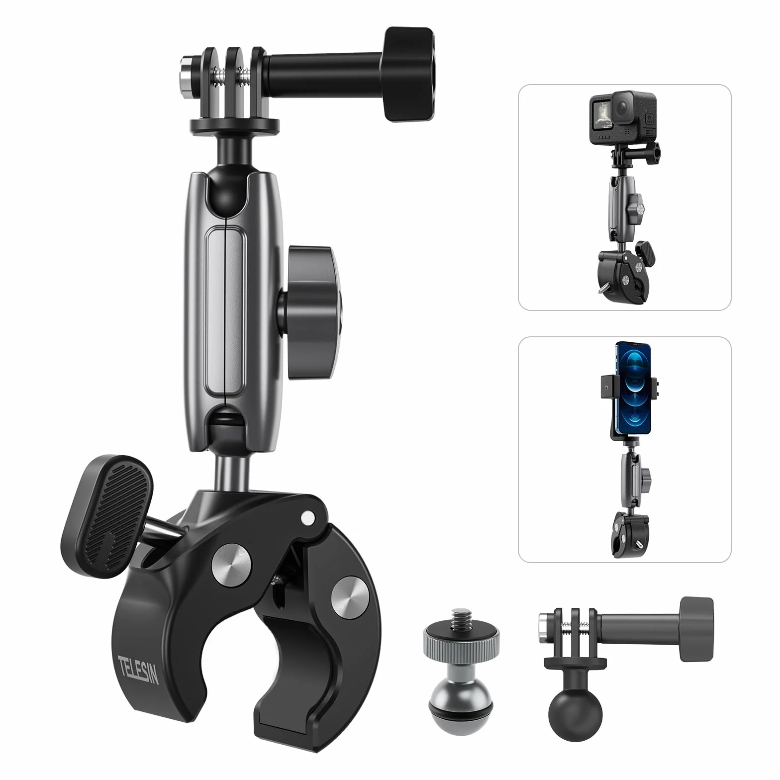 TELESIN Motorrad Halterung für GoPro, Fahrrad Halterung für DJI Action 6 5 Pro Osmo 360 Nano Pocket GoPro Hero 13/12/11/10 Insta360 X5, Kamera Zubehör mit Dual 360° Drehbare Kugelkopf, 1/4 Adapter