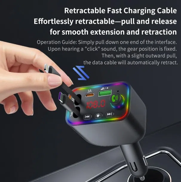 CAR-L4 FM Transmitter Auto Bluetooth 5.3, 120W Schnellladegerät mit USB/3.1A, Typ-C & Lightning Kabel, Schwenkbarer Kopf, 7-Farben LED, MP3 Player, Freisprechanlage, U-Disk Unterstützung
