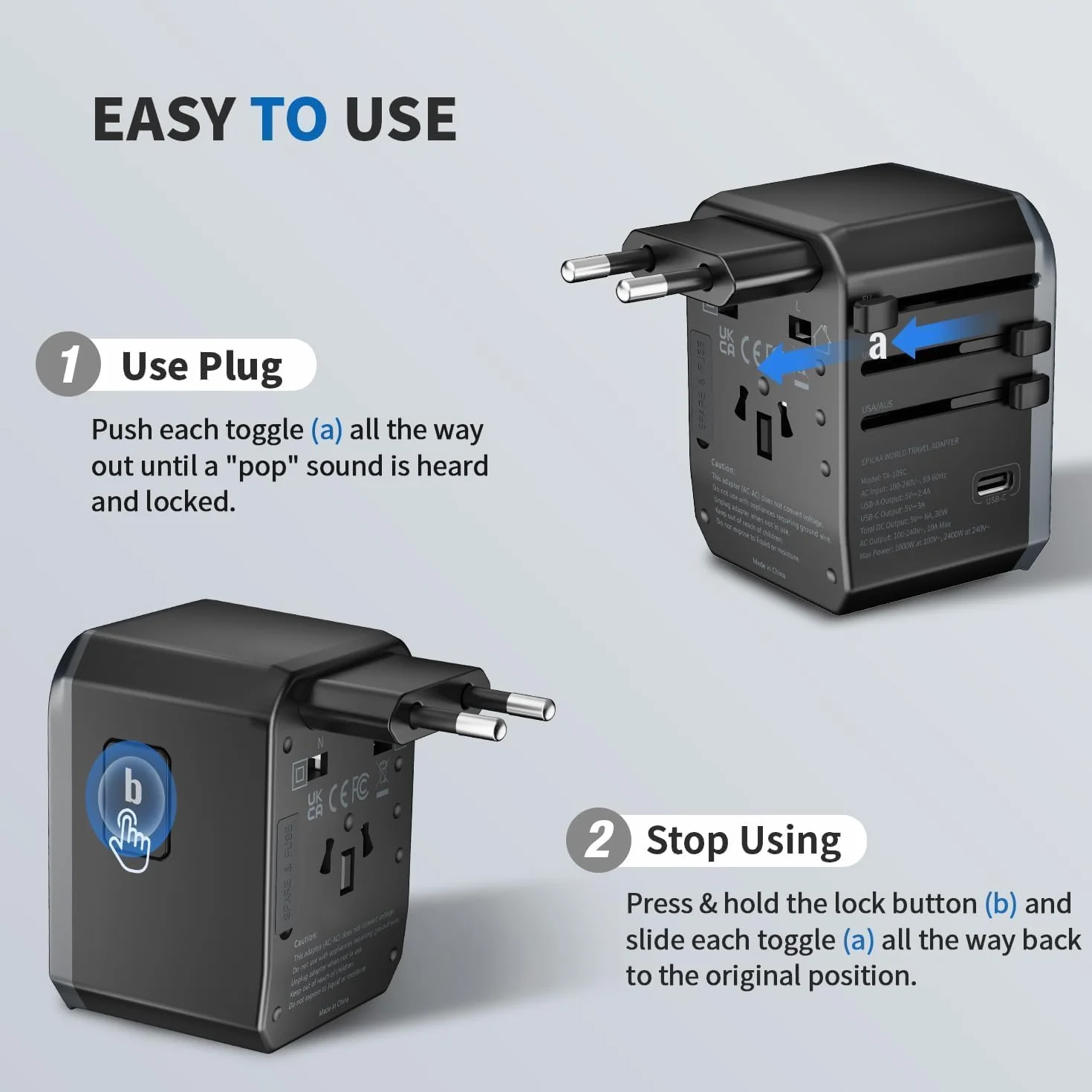 EPICKA Reiseadapter Weltweit, Universal Reisestecker Adapter 30W, Internationaler Steckdosenadapter mit 3 USB-C, 2 USB-A, Travel Adapter für Deutschland US UK Japan Thailand Australien TA-105C Schwarz