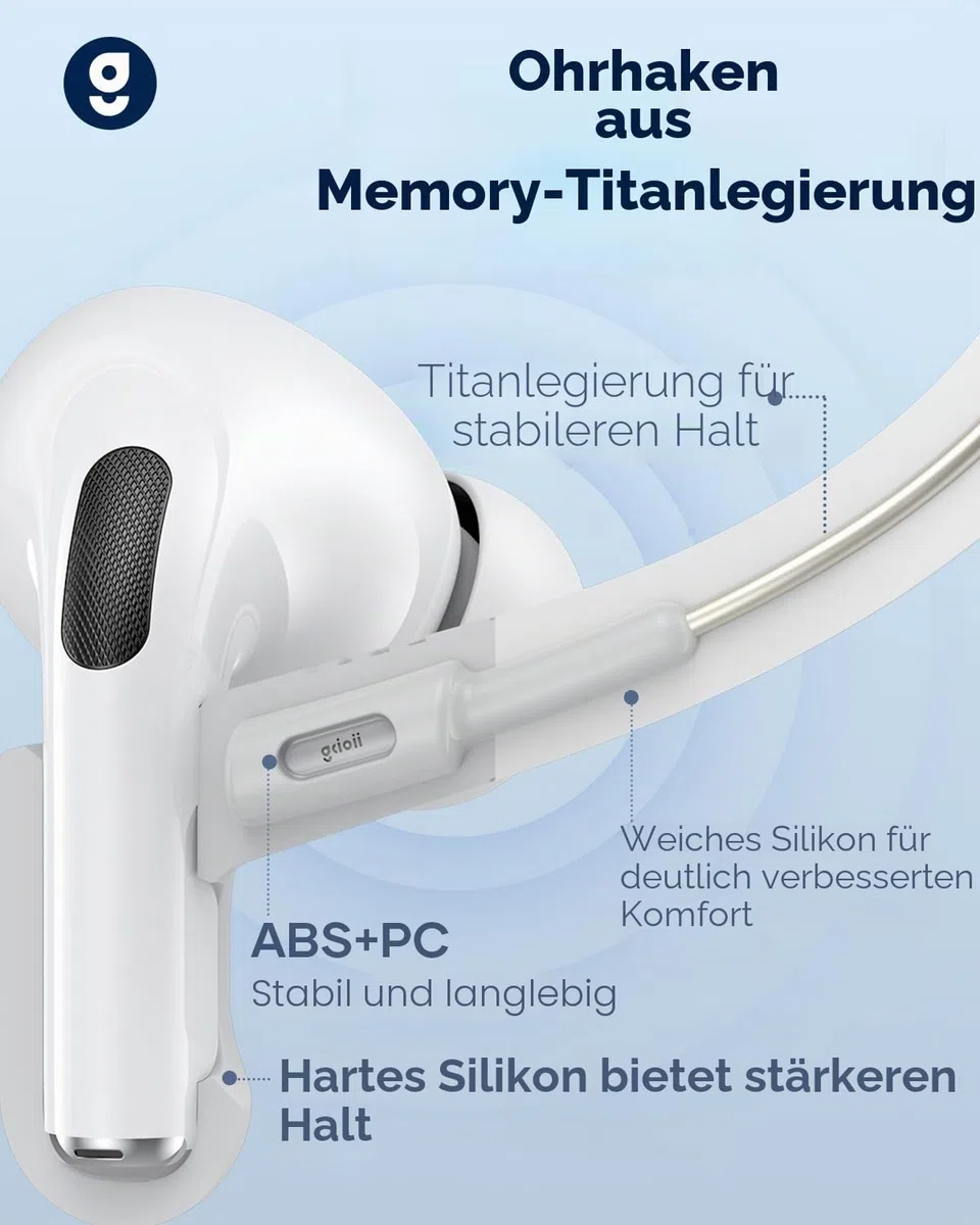 Gcioii Memory Titanium-Legierung Ohrhaken für AirPods Pro 3, AirPods Pro 2, AirPods Pro & AirPods 3 [mit Anti-Verlust-Band], Anti-Rutsch Sportzubehör Ohrhaken, Bequeme Passform (Weiß)