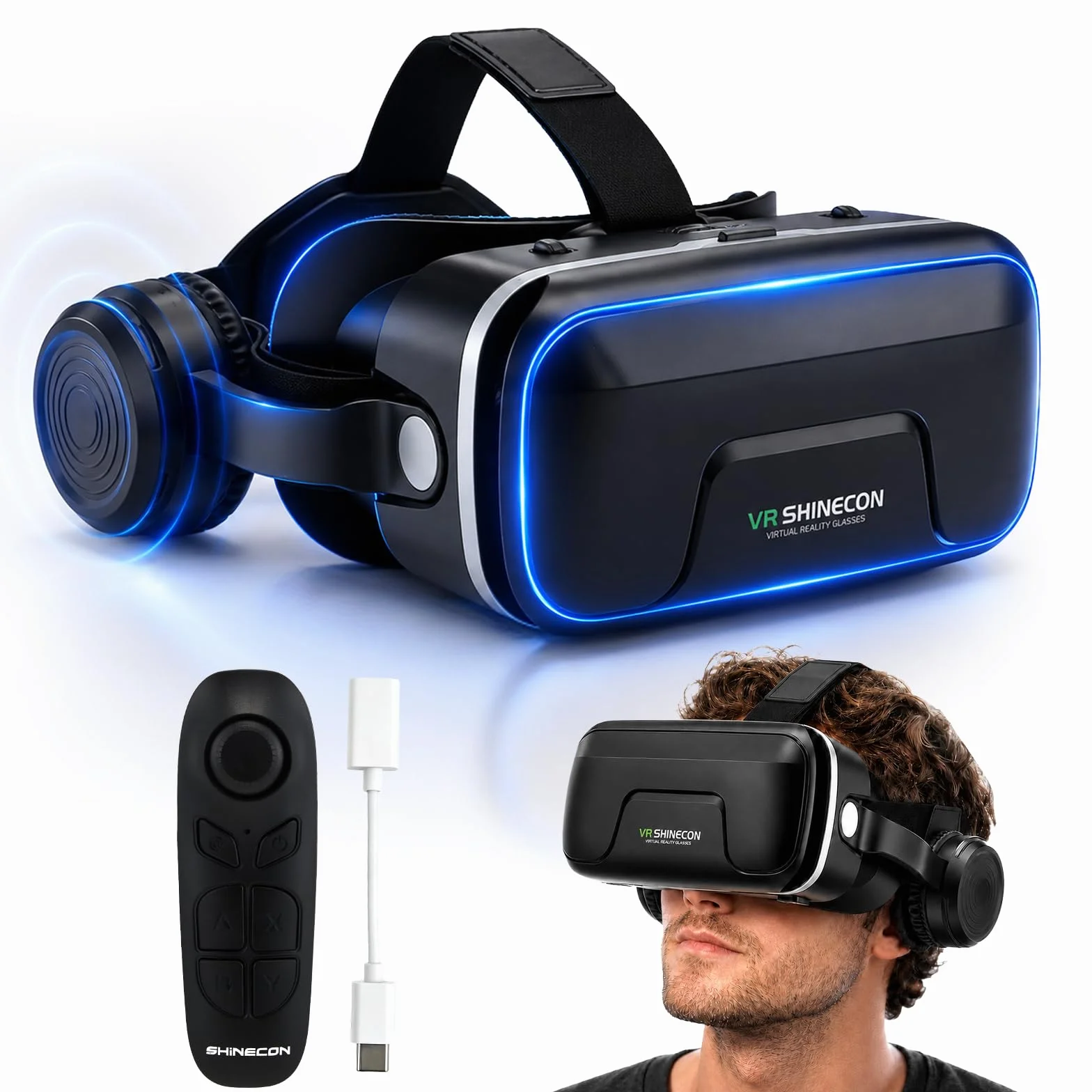 VR Brille Handy 3D,Mit Kopfhörern,Hd-Anti-Blaulicht-Linsen,Angenehm Zu Tragen Und Schützt Die Augen,Kompatibel Mit Smartphones iPhone&Android (4,7–7,2"),Virtual Reality 3D Headset Für Gaming,Filme