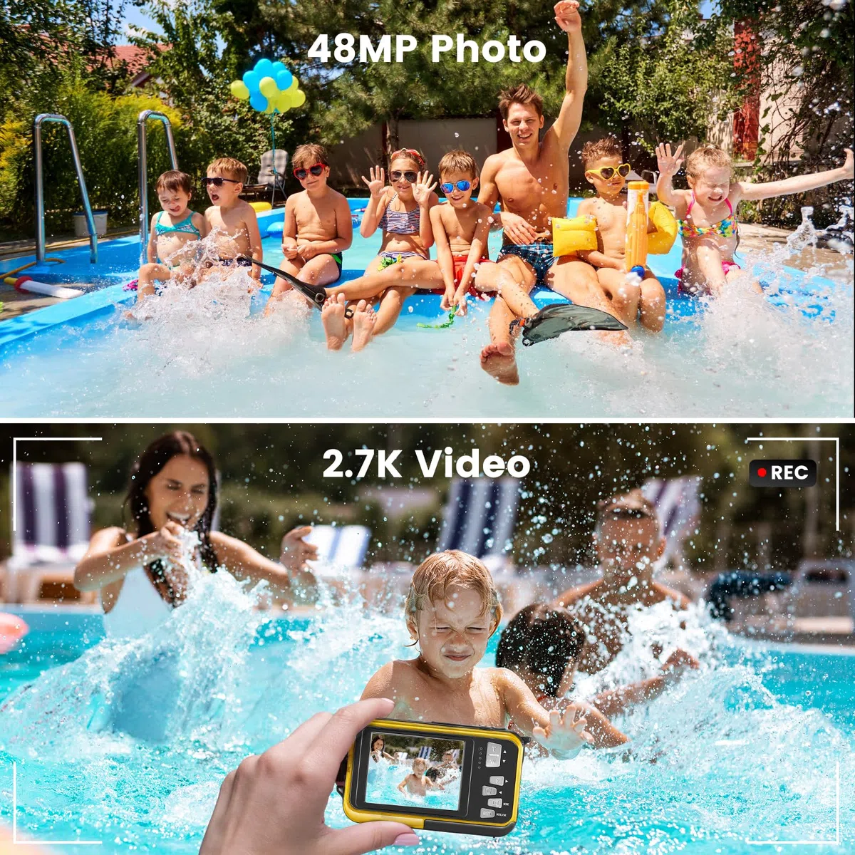 Unterwasserkamera Full HD 2.7K 48MP Autofokus Digitalkamera 10FT Dual-Screen Wasserdichte Selbstfotocamera Anti-Shake 16x Digital Zoom für Schnorcheln und Schwimmen
