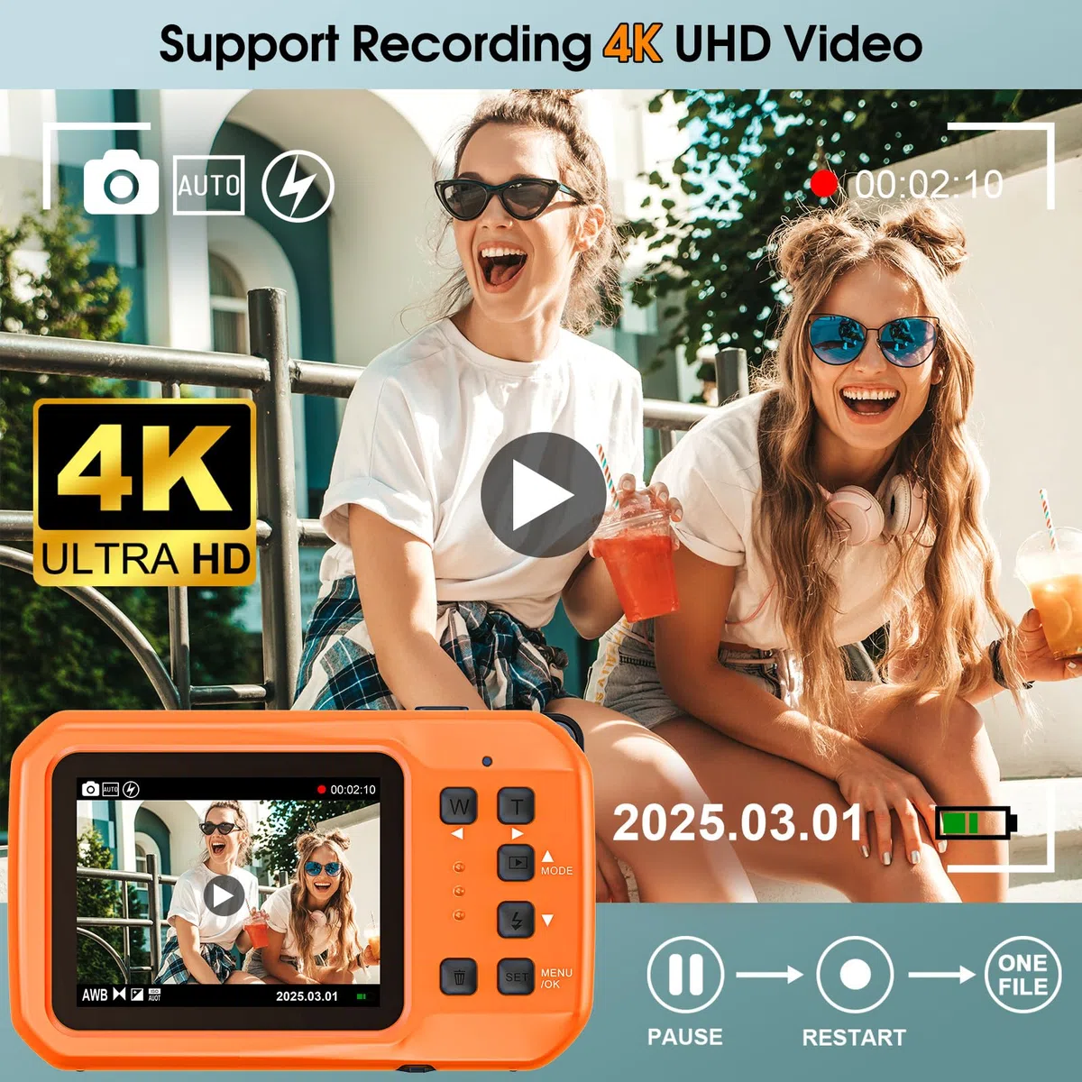 Digitalkamera, Yixinxin Unterwasserkamera 4K 64MP 16FT wasserdichte Kamera zum Schnorcheln, IPS HD Bildschirm 16X Digitalzoom und 32GB Karte