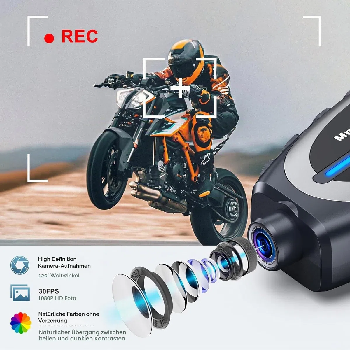 OBEST Motorradhelm Headset mit 1080P Kamera, Motorrad Bluetooth Intercom, wasserdichte Motorrad Dashcam Recorder, Helm Kabellose Kopfhörer HiFi-Stereosound für Reiten Skifahren Reisen