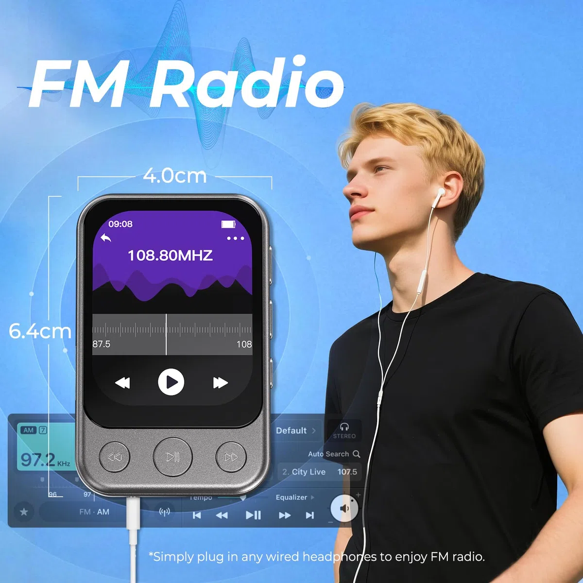 64GB MP3 Player Bluetooth 5.3 mit Clip & Lautsprecher, Sport Musik-Player mit Touchscreen und Tasten, unabhängiger Lautstärkeregler, FM-Radio, Sprachaufnahme, erweiterbar auf bis zu 128GB