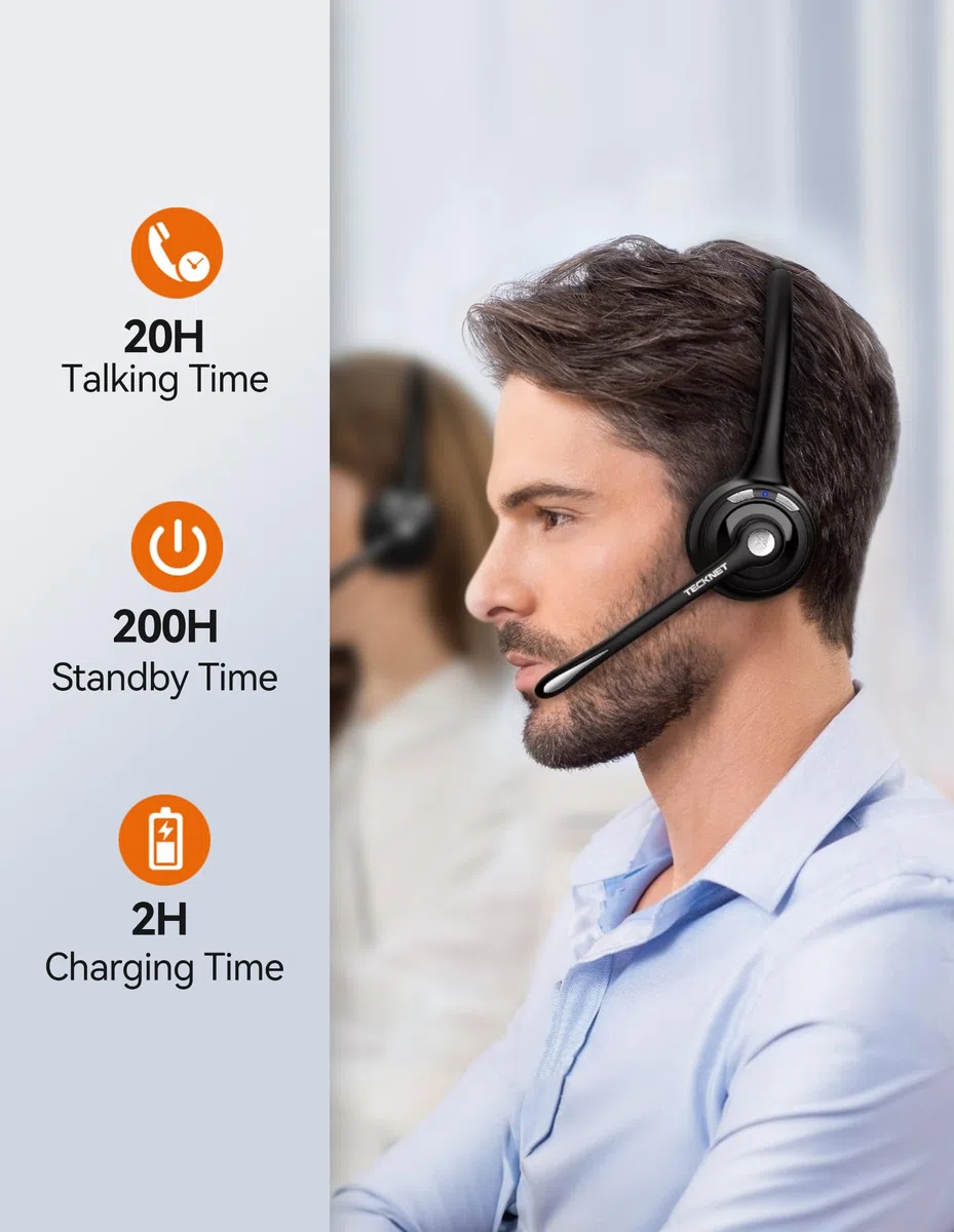TECKNET Bluetooth Headset mit Mikrofon, kabelloses PC Headset Rauschunterdrückung und Freisprechen Chat Headset für Computer, Callcenter, Telefonkonferenzen, Super Leicht, Ultra Komfort