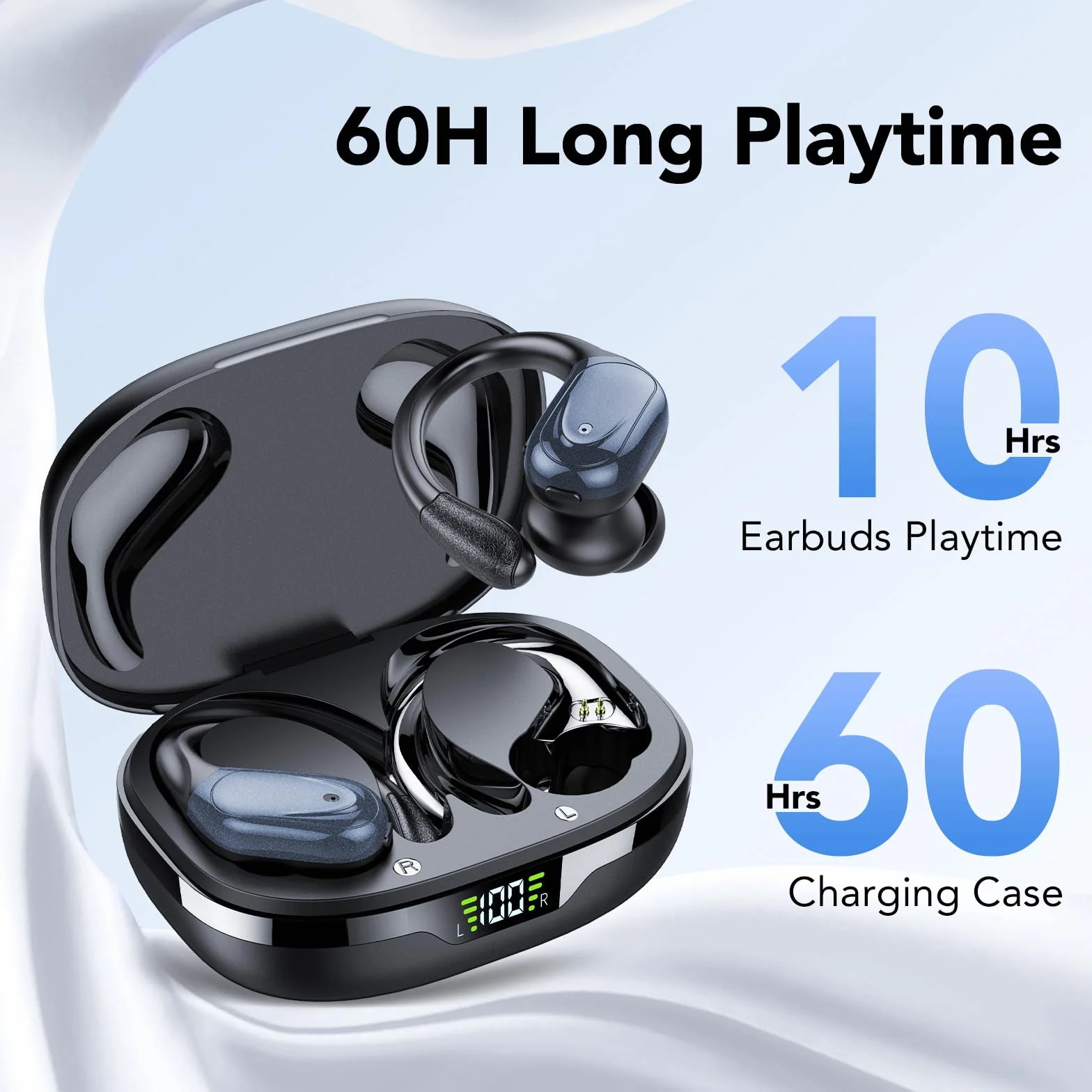 CASCHO Bluetooth Kopfhörer Sport, Kopfhörer Kabellos Bluetooth 5.3, 60 Std Kabellose Kopfhörer mit Tiefer Bass, In Ear Kopfhörer mit 4 ENC Klarer Mic, IPX7 wasserdichte Ohrhörer mit Ohrhaken Schwarz