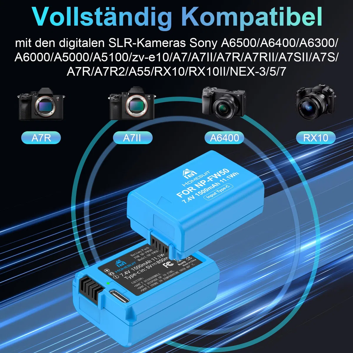 Homesuit NP-FW50 Akku 1500mAh & 2-in-1 Typ-C Ladekabel für Sony A6500 A6400 A6300 A6000 A5000 A5100 zv-e10 A7 A7II A7R A7RII A7SII A7S A7R A7R2 A55 RX10 RX10II NEX-3/5/7 Kamera (2er-Pack)
