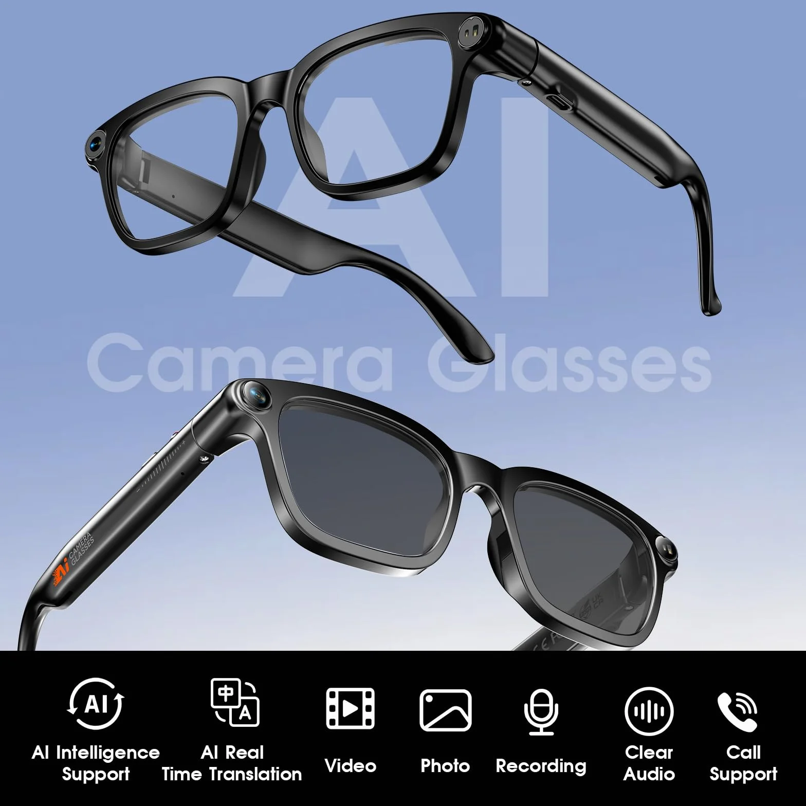 Smart Brille mit Kamera, 8MP HD Kamera, 4K-Videoaufzeichnung, Foto, KI-Assistent, 300 mAh, Open-Ear-Audio, Flexible Bügel, Smart Glasses für Reisen/Camping/Outdoor-Aktivitäten（3 Wechselgläser）