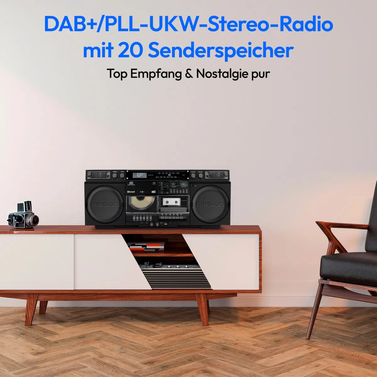 MEDION P66538 Kassettenrecorder (Retro Ghettoblaster mit CD-Player, 80er, groß, USB, SD, CD, Kassetten MC, DAB+ Radio Teleskopantenne, Bluetooth, Kassettendeck, Aufnahmefunktion