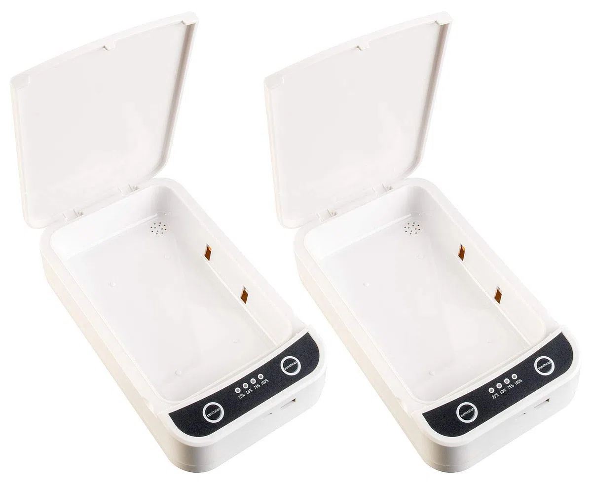 Somikon UV-Sterilisator: 2er-Set UV-Desinfektions-Boxen für Smartphone, Brille, Schlüssel usw. (Sterilisator Desinfektionbox, Desinfektionsbox, NAS)
