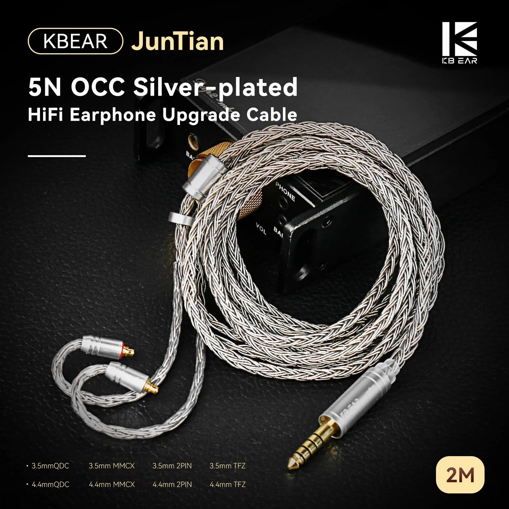 KBEAR JunTian In-Ear-Monitorkabel, 2 m lang, KZ ZS10 Pro IEM Kopfhörerkabel, 16-adrig, 5 N OCC, versilberte Kopfhörer-Verlängerungskabel für CCZ-Melodie, Audiophile und Musiker, Schlagzeuger (2-polig