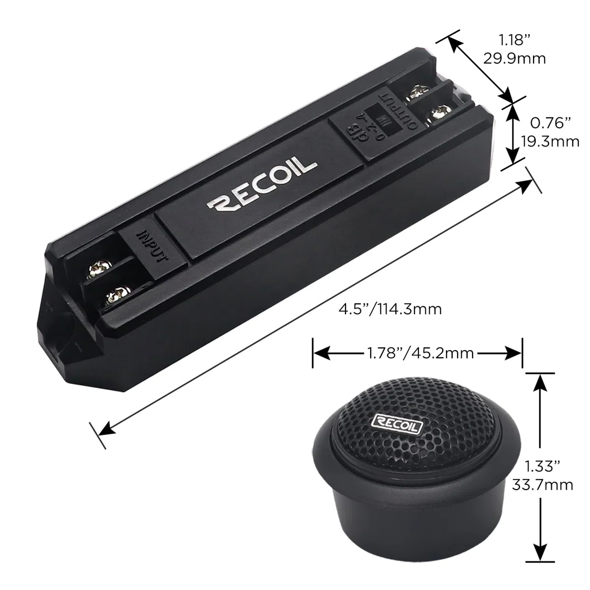 RECOIL RET1 Echo Serie 1-Zoll-Hochtöner (45 mm) mit Neodym-Seidenkalotte – Paar Hochtöner für Auto-Komponenten-Audiosystem mit integriertem 3-Stufen-Filter