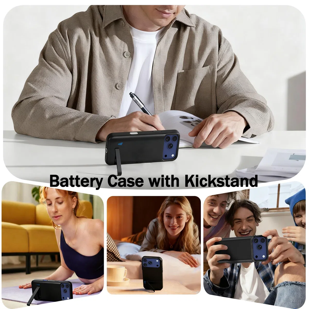 Akkuhülle für iPhone 17 Pro Max (6,9"), 8500mAh Tragbares Ladegerät Wiederaufladbar Akku Hülle mit Standfuß,Powerbank Handyhülle Verlängerte Batteriesicherung für iPhone 17 Pro Max
