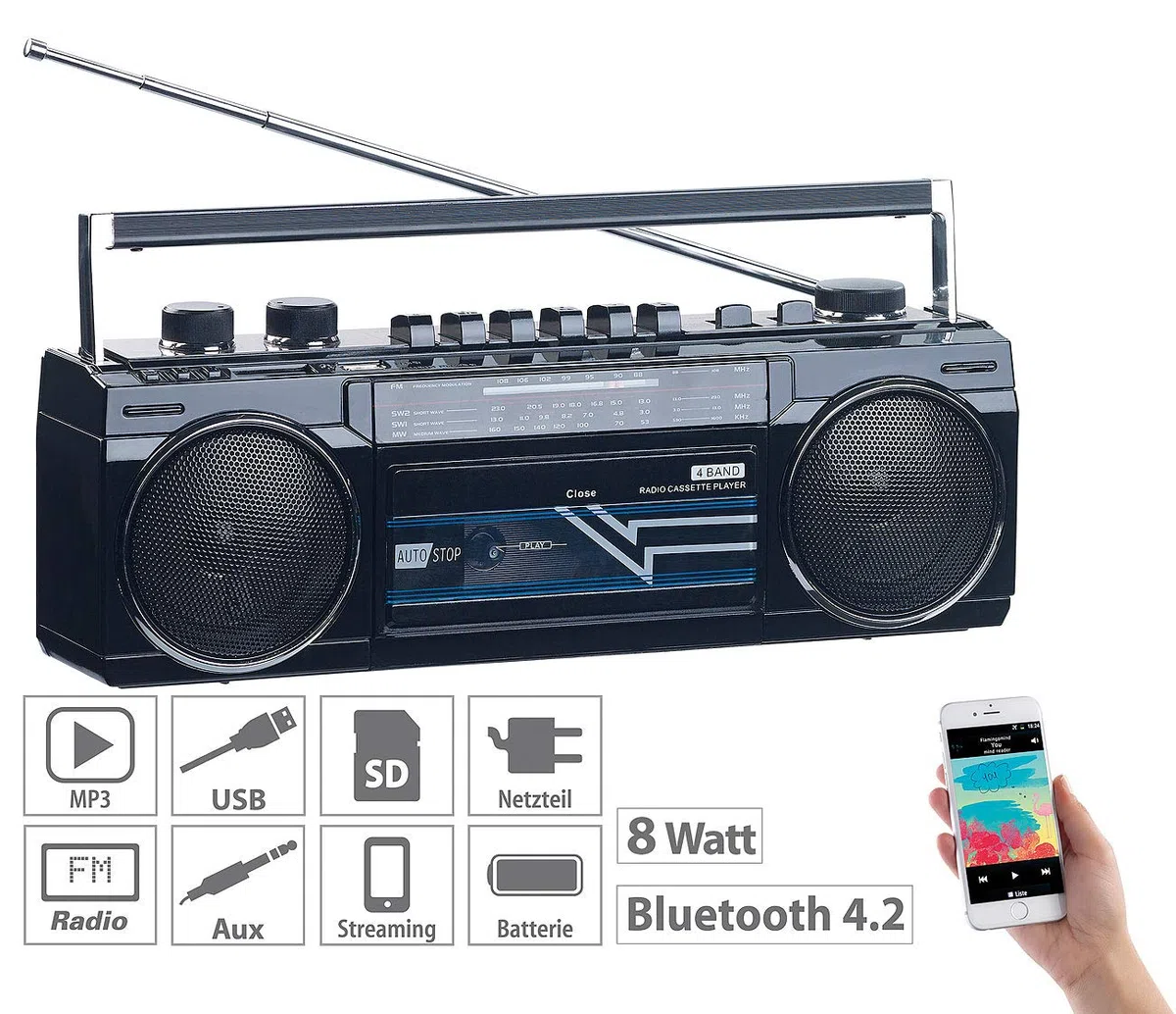 auvisio Kassettenrekorder: Retro-Boombox mit Kassetten-Player, Radio, USB, SD & Bluetooth, 8 Watt (Ghettoblaster, Retro Kassettenrecorder, Kassettendeck)