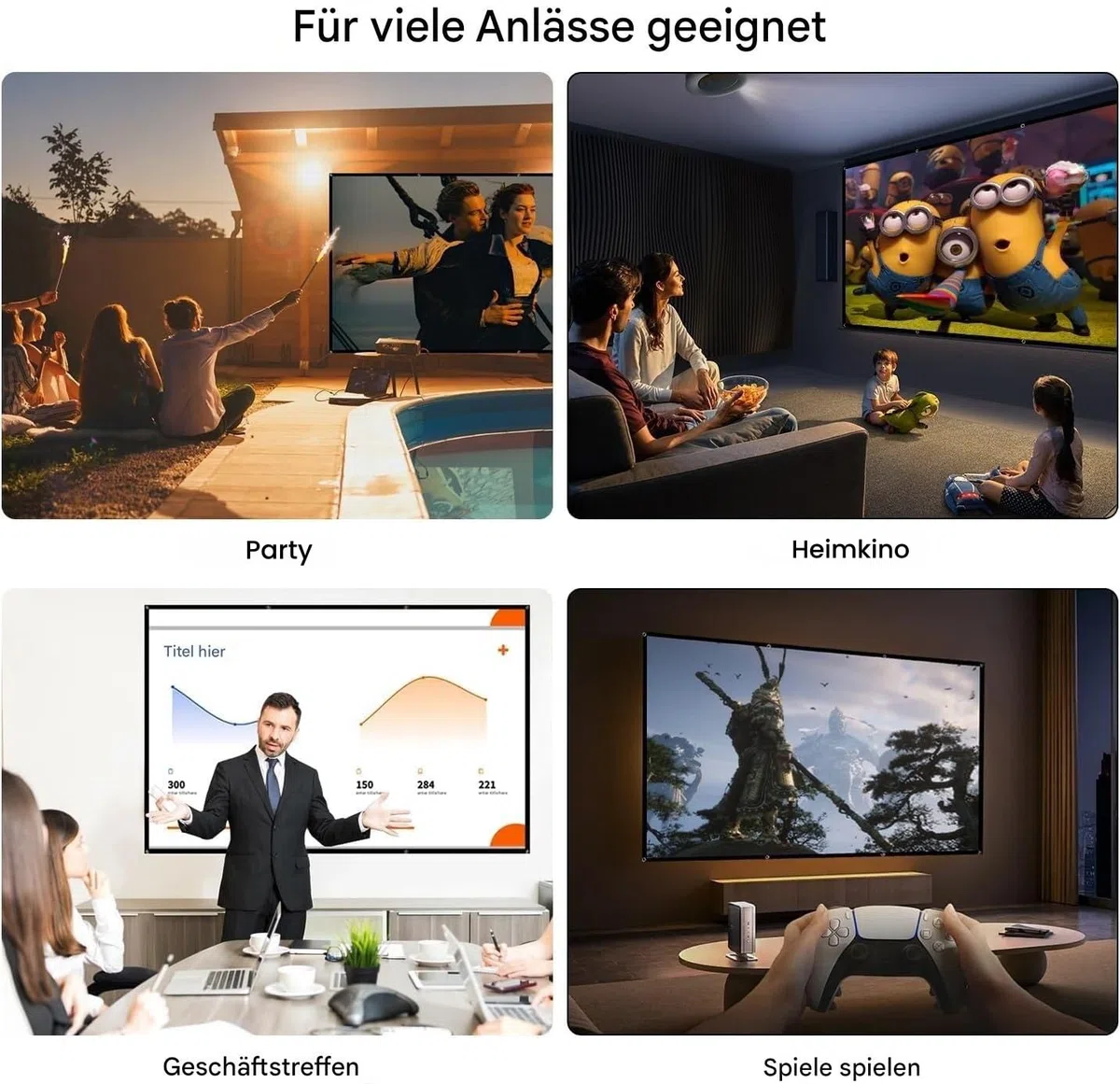 Leinwand Beamer 120 Zoll: Ruschen verdickt und tragbare Beamer Leinwand 265 x 149 cm, 16:9 HD faltbar & knitterarme Projektionsleinwand für Heimkino, Garten, Camping, Büro, inkl. Haken & Seile