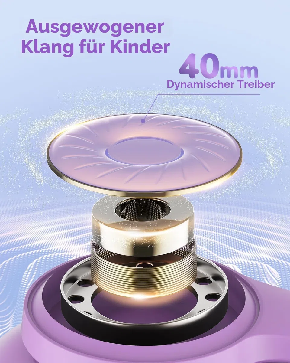 iClever Noise Cancelling Bluetooth Kopfhörer Kinder, 60 Spielzeit, Sichere Lautstärke 80 dBA, Typ-C-Schnellladung, Bluetooth 5.4, Kinder Kopfhörer mit Mikrofon-AUX-Kabel für iPad, Lila
