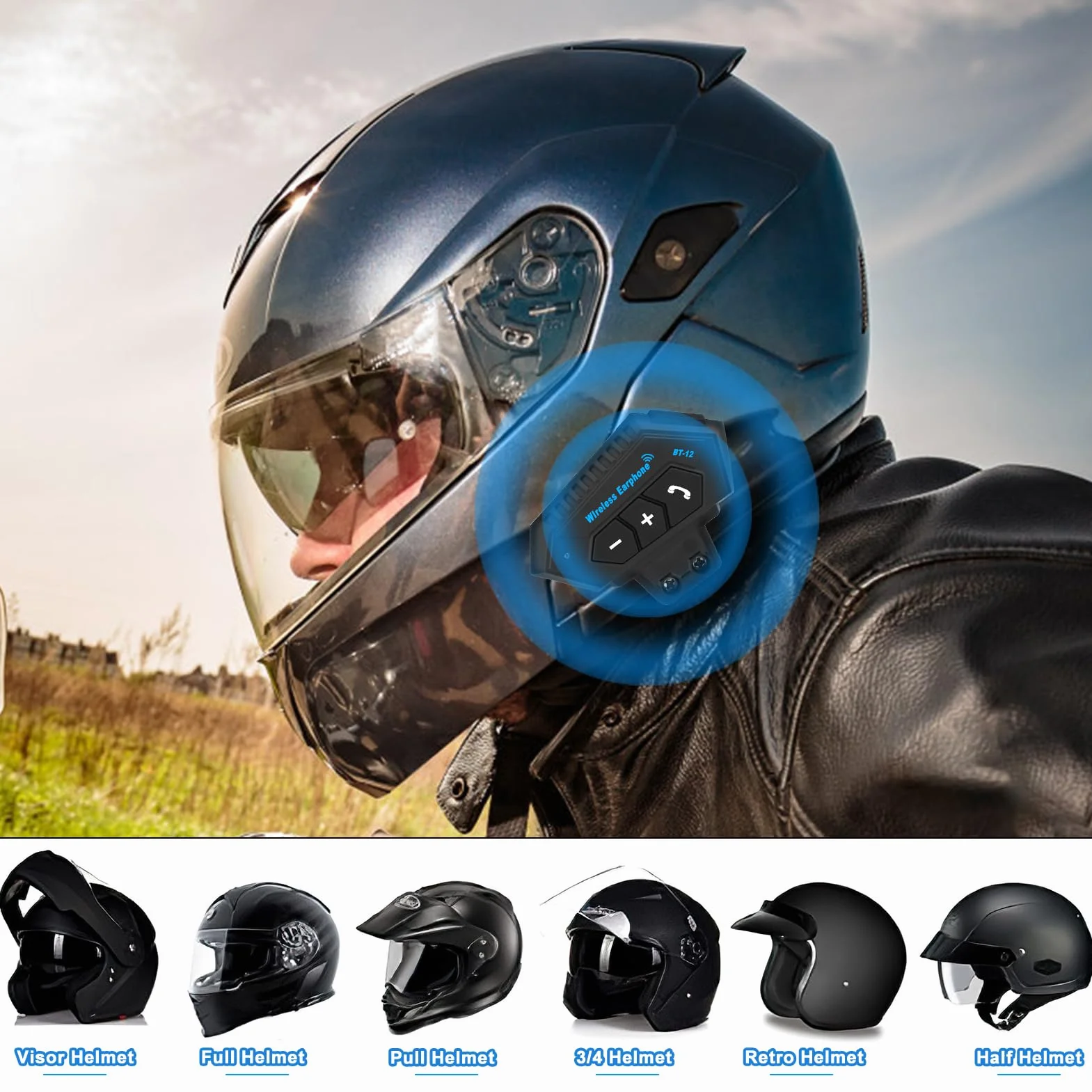 Helm-Headset, BT12 Motorrad Headset, Helm Bluetooth Headset Motorradhelm Headsets Bluetooth Kommunikationssystem für Lautsprecher Freisprechen, Musikanrufsteuerung