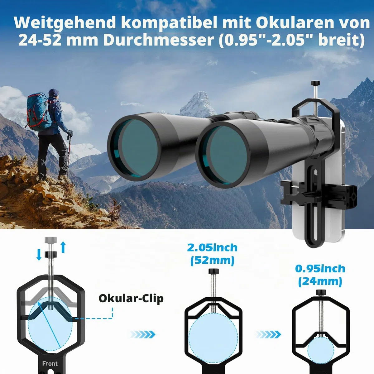 Spektiv Handy Adapter - Telefon-Zielfernrohrhalterung für Telefon (53mm to 90mm) Telefonhalterung für Teleskop, Fernglas, Mikroskop, für Okulare mit einem Durchmesser von (24mm to 52mm)