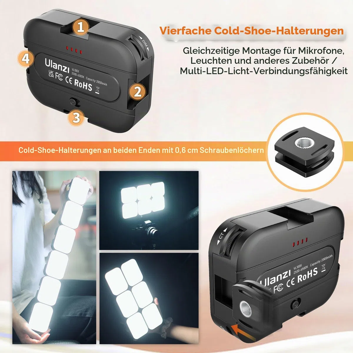 ULANZI VL100X Selfie Licht mit Clip, LED Videoleuchte mit 2000mAh Akku, Kamera Licht dimmbare 2500-6500K, CRI 95+, 3 Lichtmodi, Videolicht für Handy, Tablet, iPad, Laptop, YouTube, TikTok